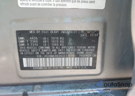 2010 Subaru Legacy 2.5I z USA, uszkodzony, nr VIN 4S3BMCA62A3211055